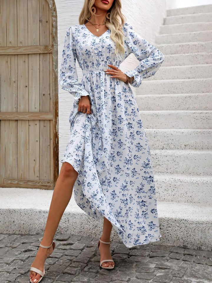 Smocked Printed V-Neck Flounce Sleeve Dress | Trendsi