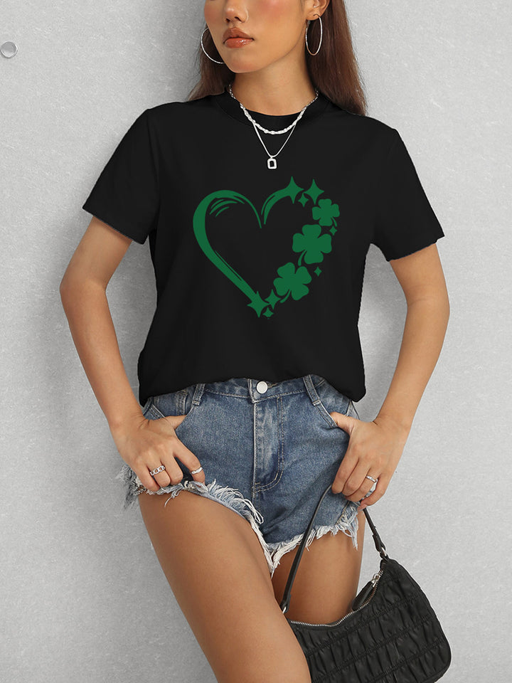 Heart Lucky Clover Round Neck Short Sleeve T-Shirt | Trendsi