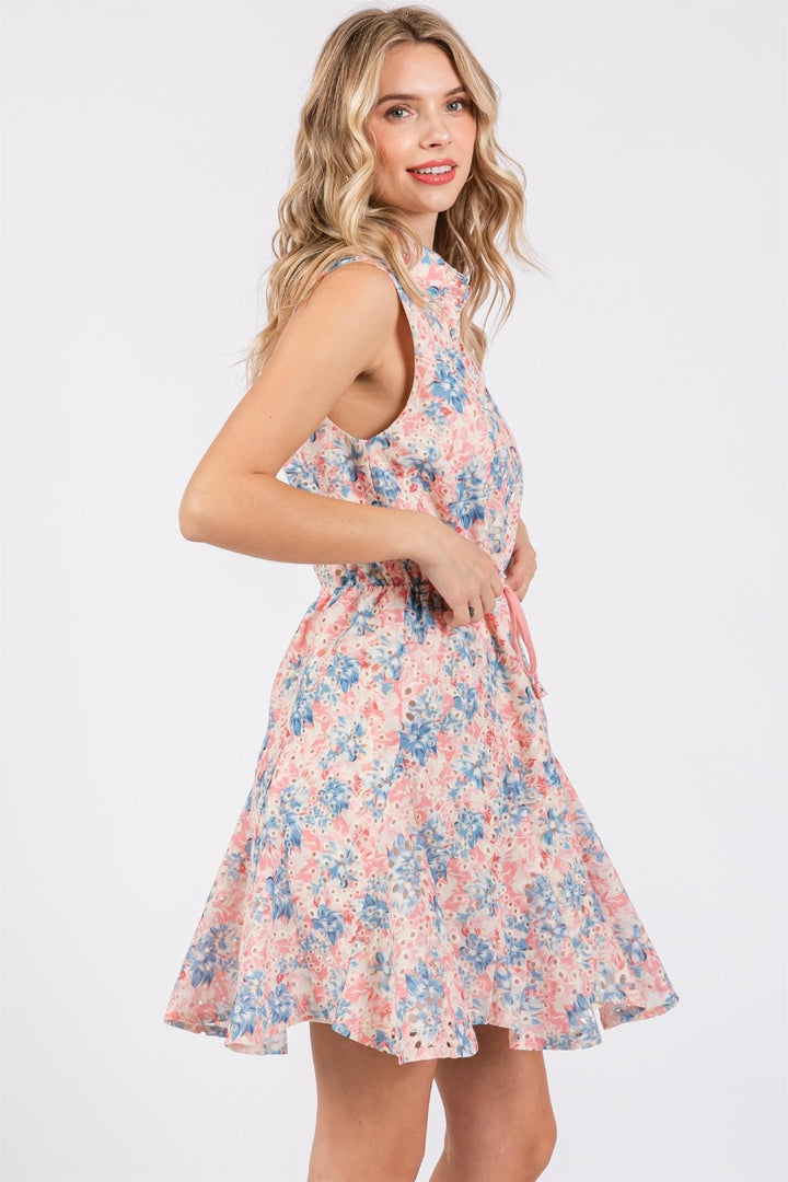 GeeGee Full Size Floral Eyelet Sleeveless Mini Dress | Trendsi