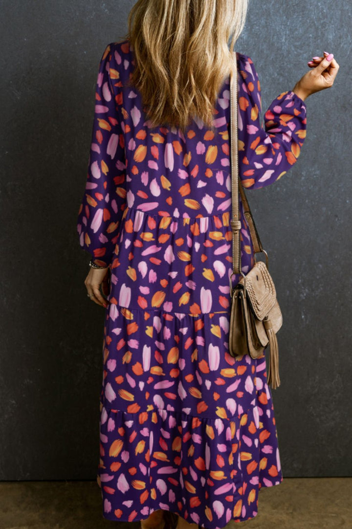 Printed Notched Long Sleeve Dress | Trendsi