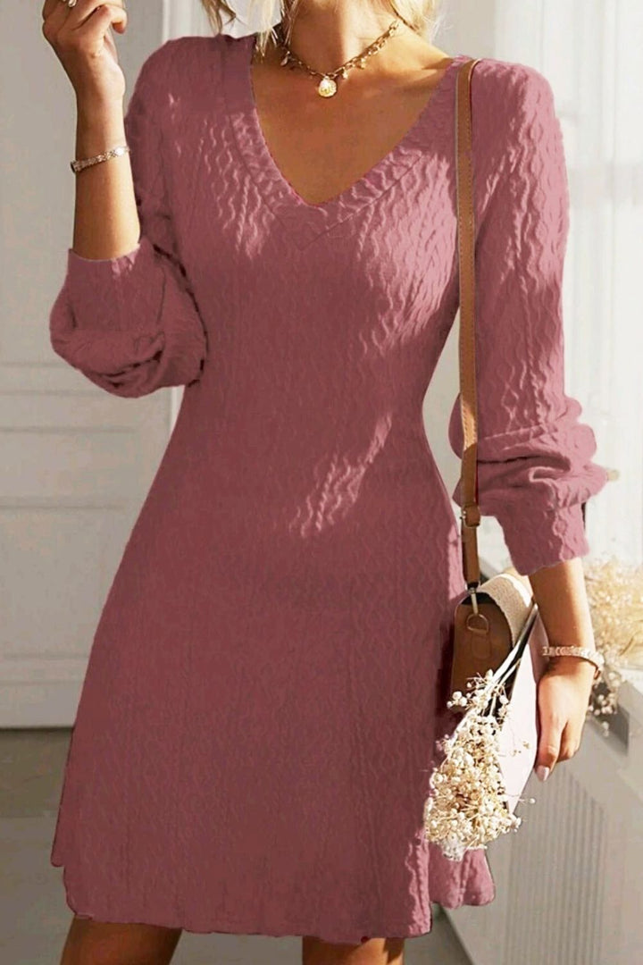 Texture V-Neck Long Sleeve Dress | Trendsi