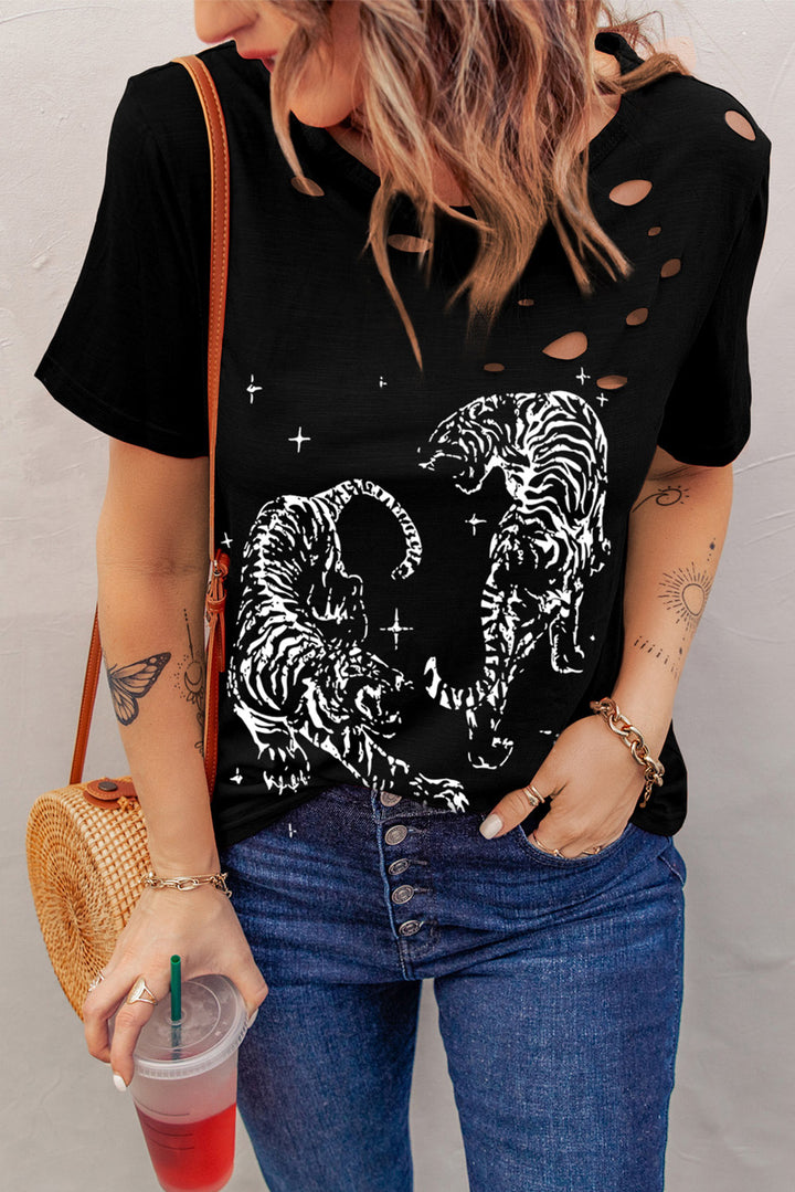 Cutout Graphic Round Neck Short Sleeve T-Shirt | Trendsi