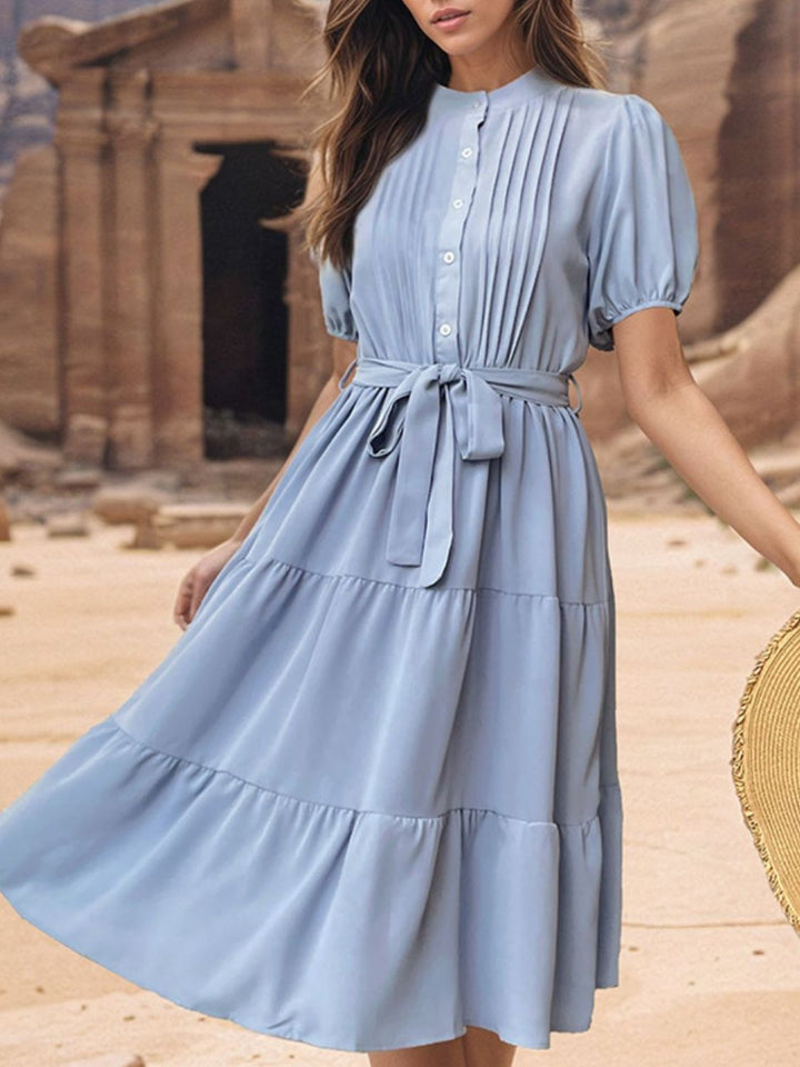 Tie Waist Puff Sleeve Midi Dress | Trendsi