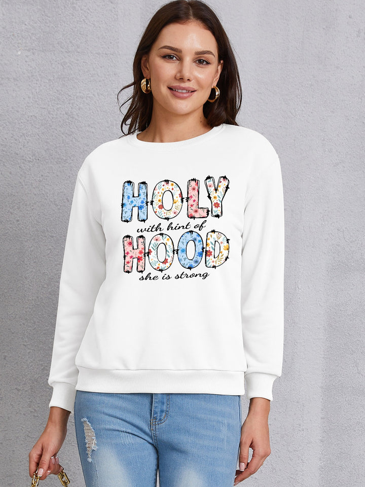 HOLY WITH HINT OF HOOD SHE IS STRONG Round Neck Sweatshirt | Trendsi