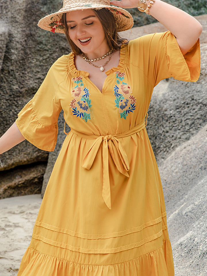 Plus Size Notched Tie Waist Half Sleeve Midi Dress | Trendsi