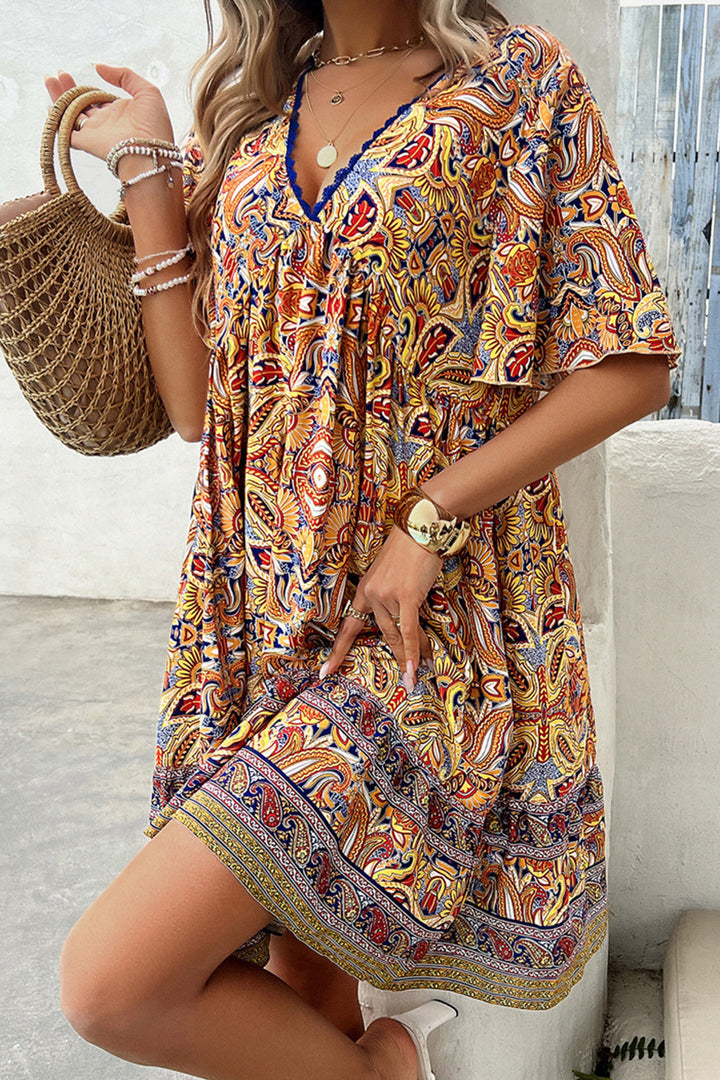 Printed V-Neck Half Sleeve Mini Dress | Trendsi