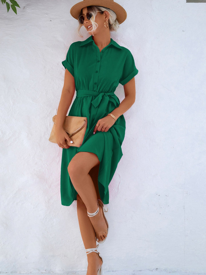 Buttoned Tie Waist Short Sleeve Dress | Trendsi