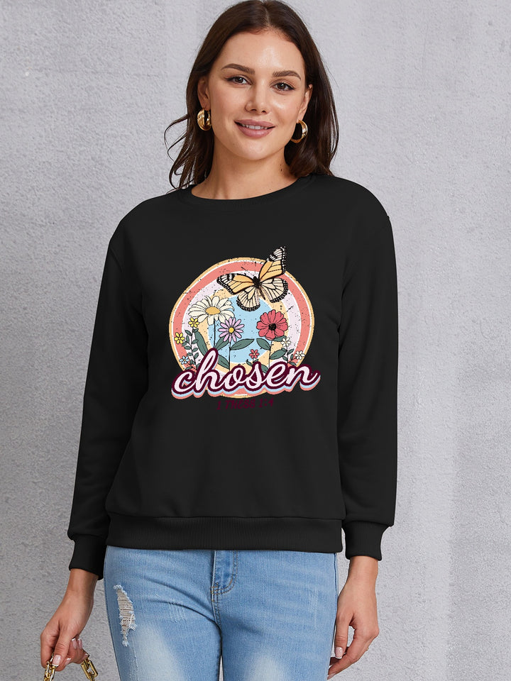 Butterfly Round Neck Dropped Shoulder Sweatshirt | Trendsi