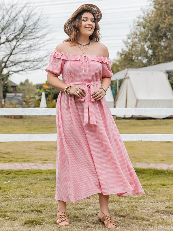 Plus Size Plaid Off-Shoulder Short Sleeve Midi Dress | Trendsi