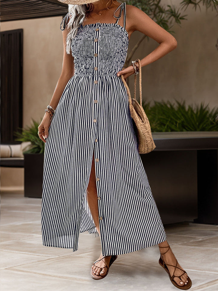 Tied Smocked Striped Sleeveless Midi Dress | Trendsi