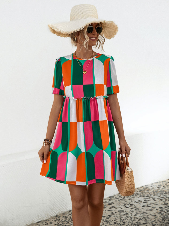 Geometric Frill Round Neck Short Sleeve Dress | Trendsi