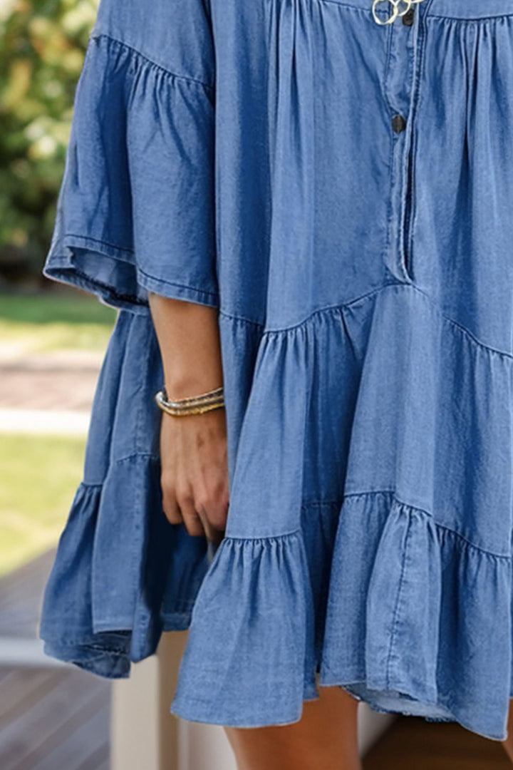 Notched Flare Sleeve Denim Dress | Trendsi