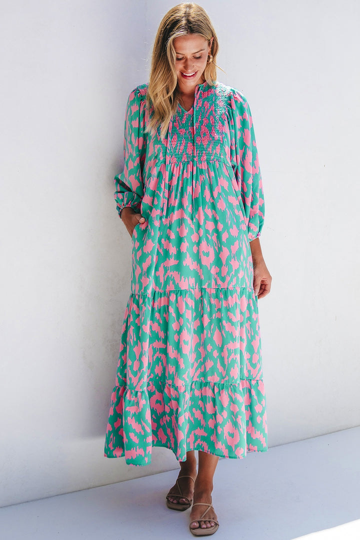 Smocked Printed Tie Neck Long Sleeve Dress | Trendsi