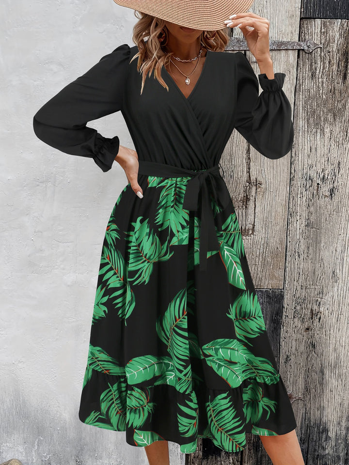 Tied Ruffled Printed Long Sleeve Dress | Trendsi