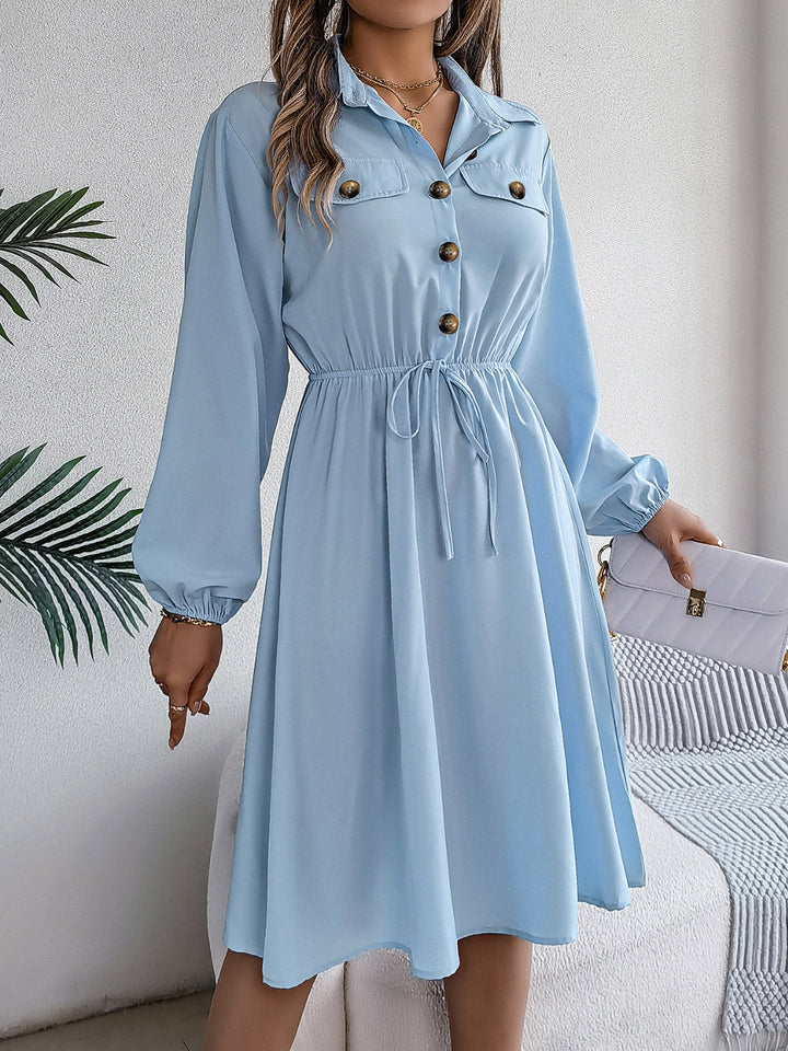 Collared Neck Long Sleeve Dress with Pockets | Trendsi