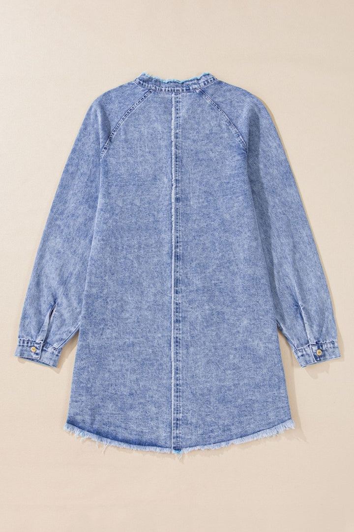 Raw Hem Button Down Long Sleeve Denim Dress | Trendsi