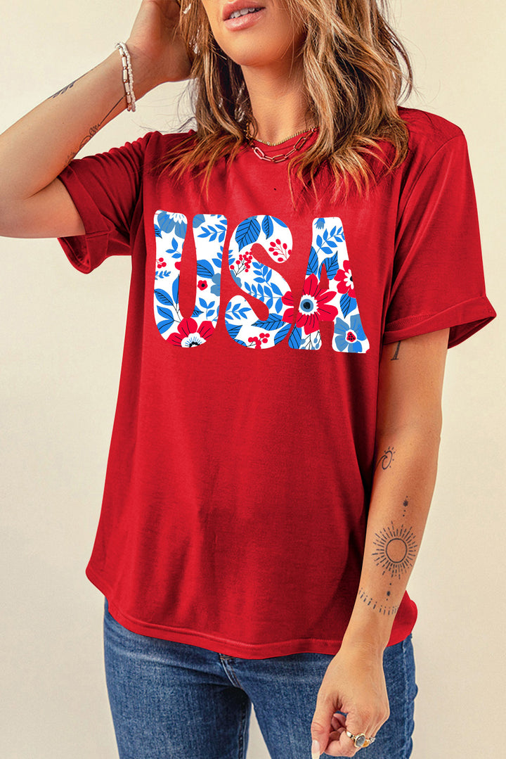 USA Round Neck Short Sleeve T-Shirt | Trendsi