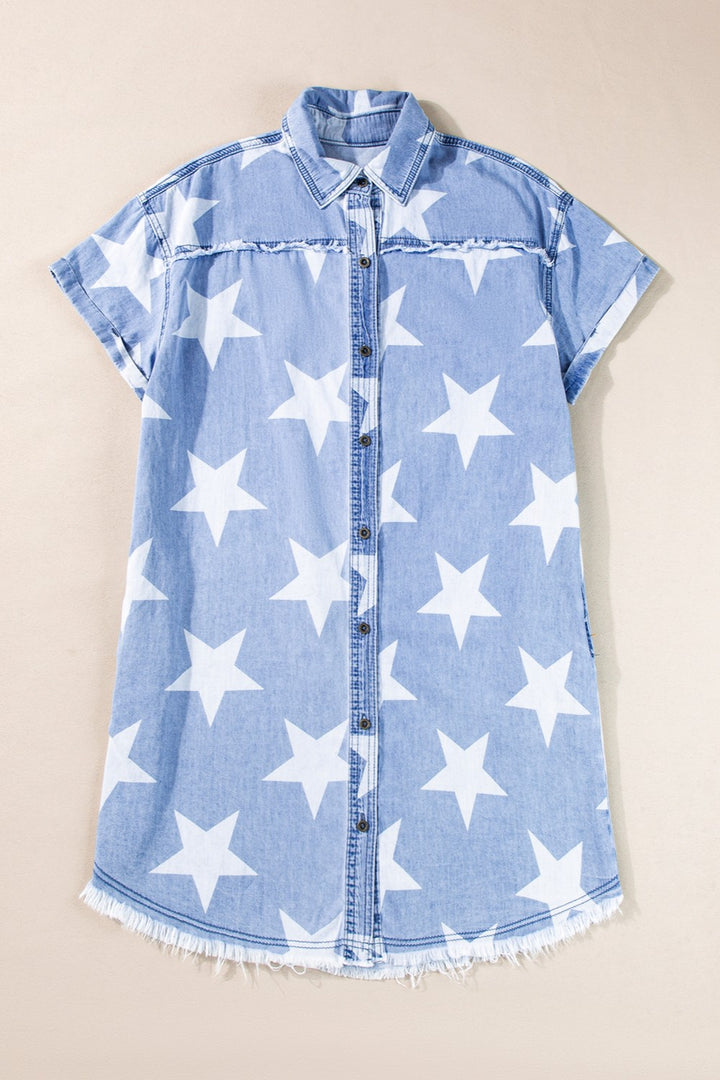 Raw Hem Star Short Sleeve Denim Dress | Trendsi