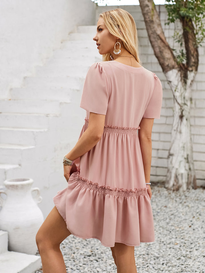 Frill Notched Short Sleeve Mini Dress | Trendsi