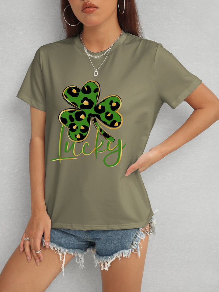 Lucky Clover Round Neck Short Sleeve T-Shirt | Trendsi