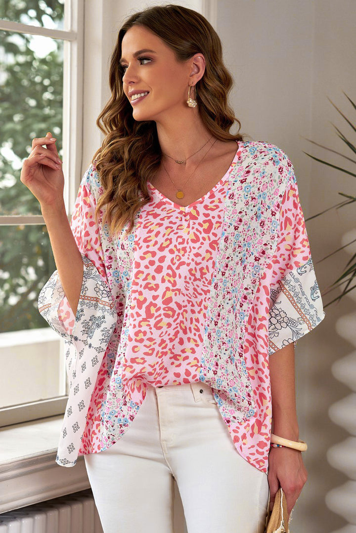 Mixed Print V-Neck Blouse | Trendsi