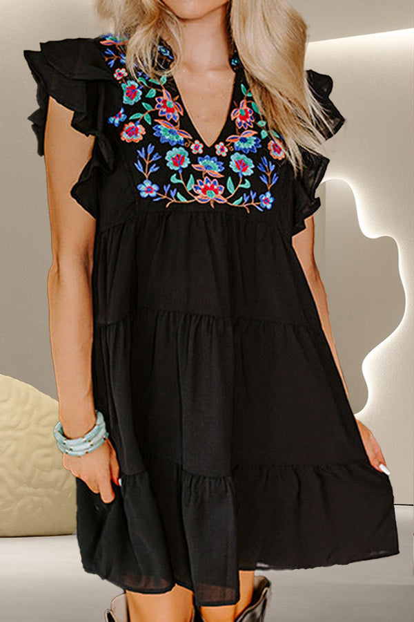 Embroidered Ruffled Cap Sleeve Mini Dress | Trendsi