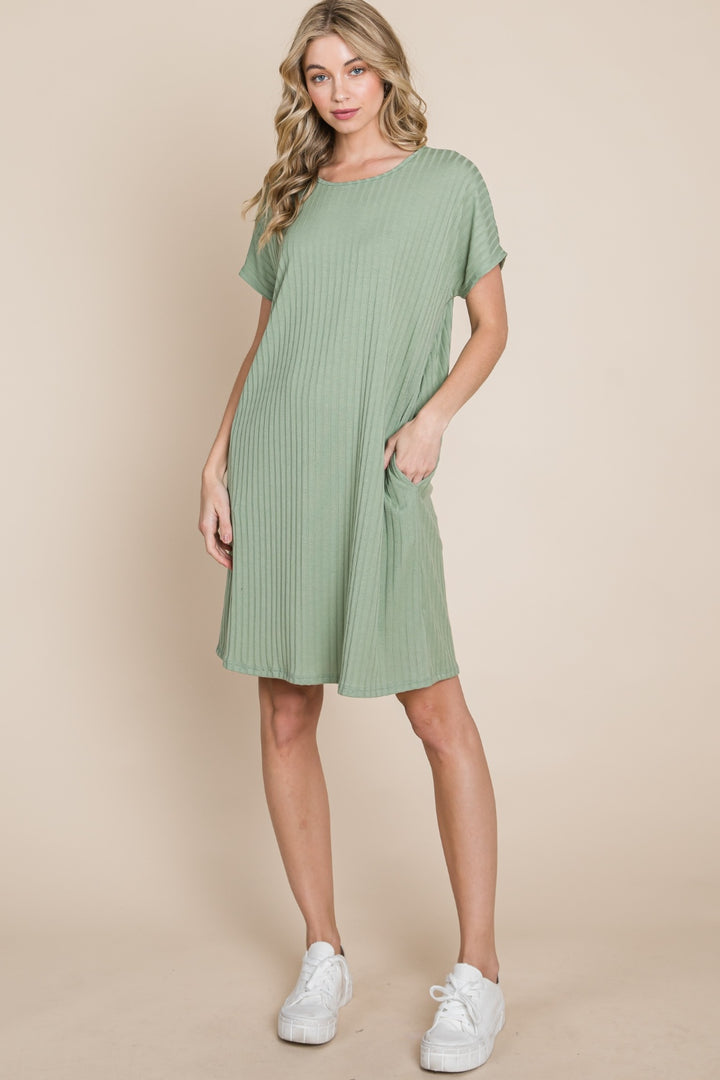 BOMBOM Ribbed Round Neck Short Sleeve Dress | Trendsi