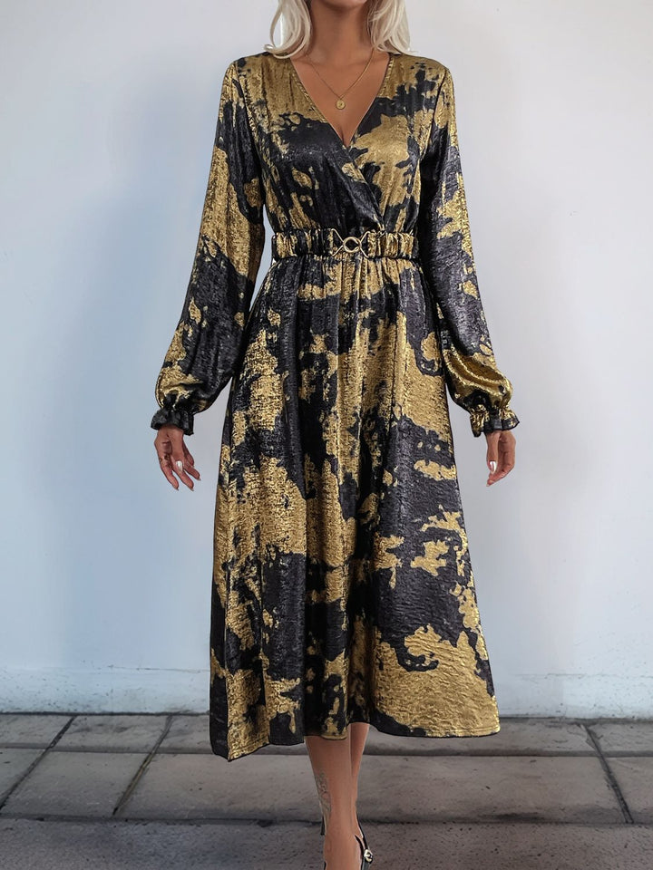 Perfee Printed Surplice Long Sleeve Midi Dress | Trendsi