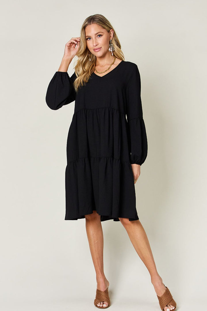 Double Take Full Size V-Neck Balloon Sleeve Tiered Dress | Trendsi