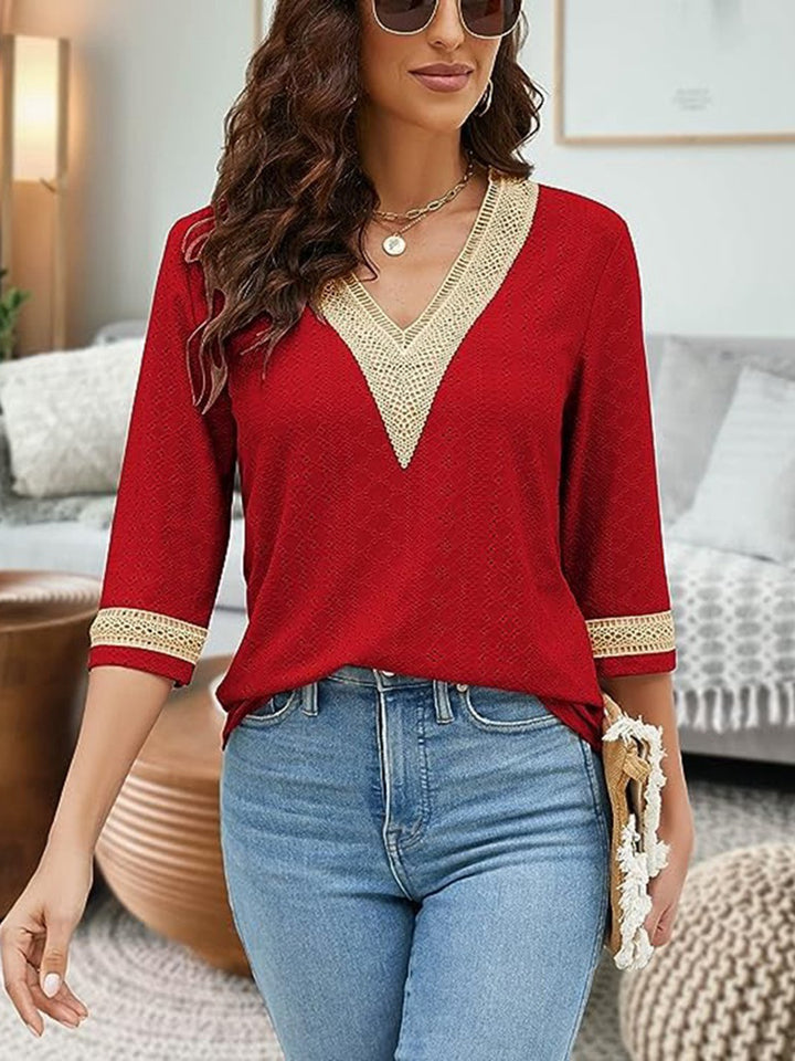 V-Neck Eyelet Blouse | Trendsi