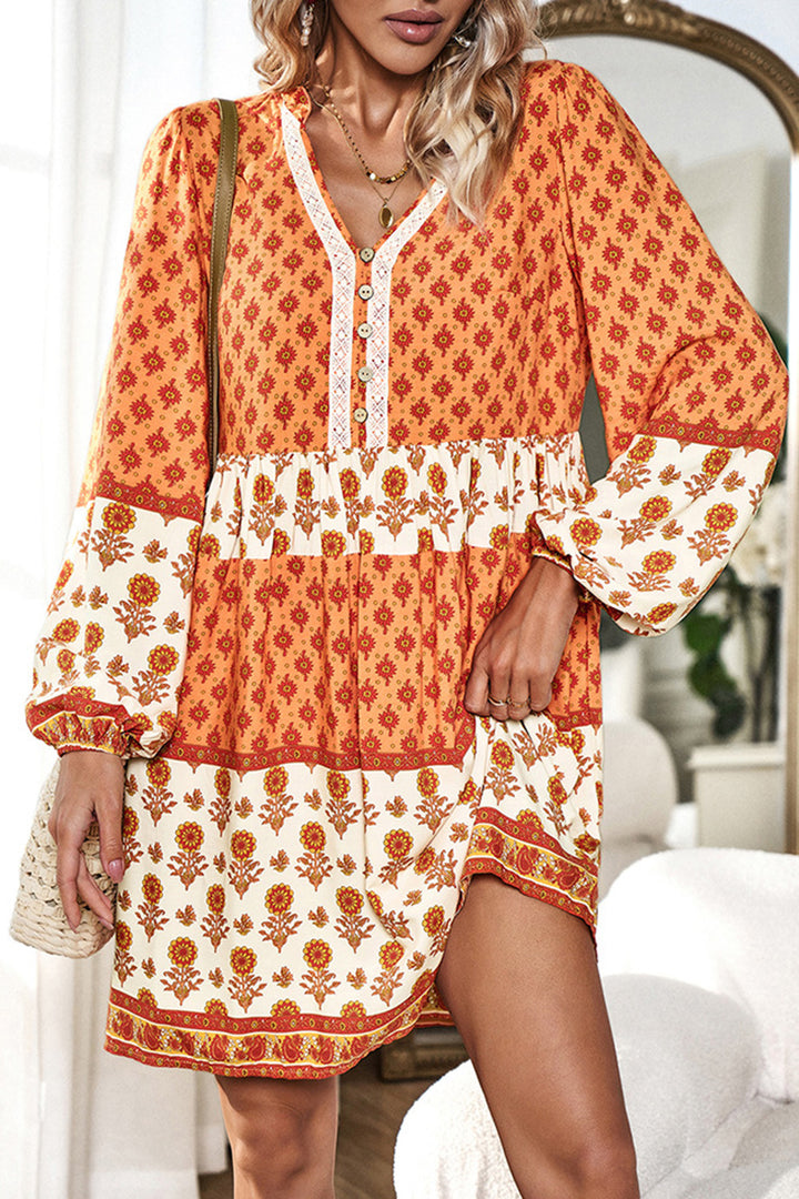 Printed V-Neck Long Sleeve Dress | Trendsi