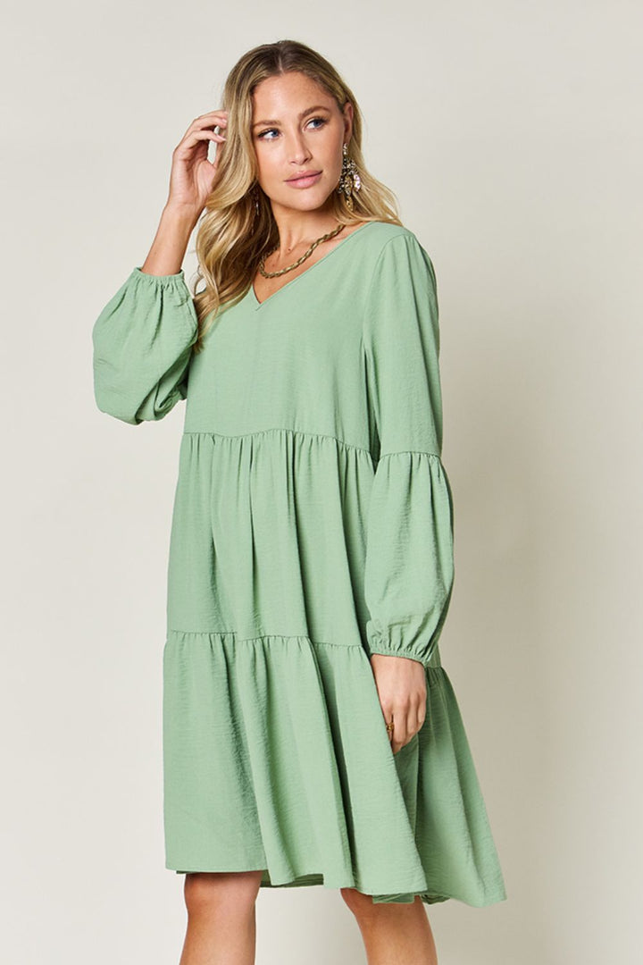 Double Take Full Size V-Neck Balloon Sleeve Tiered Dress | Trendsi