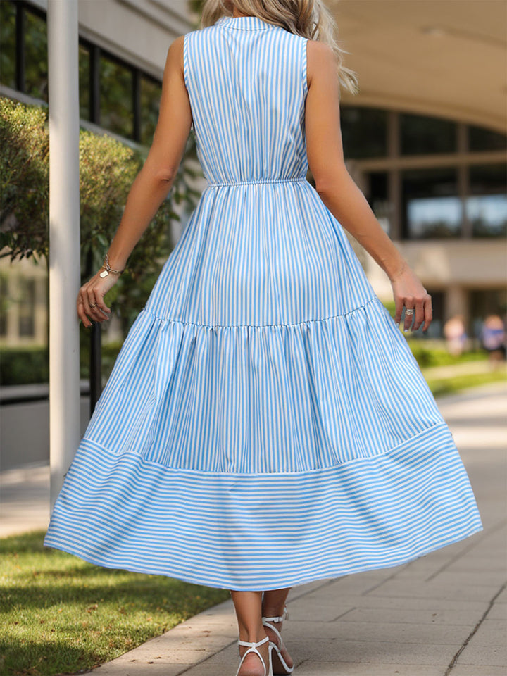 Striped Notched Sleeveless Midi Dress | Trendsi