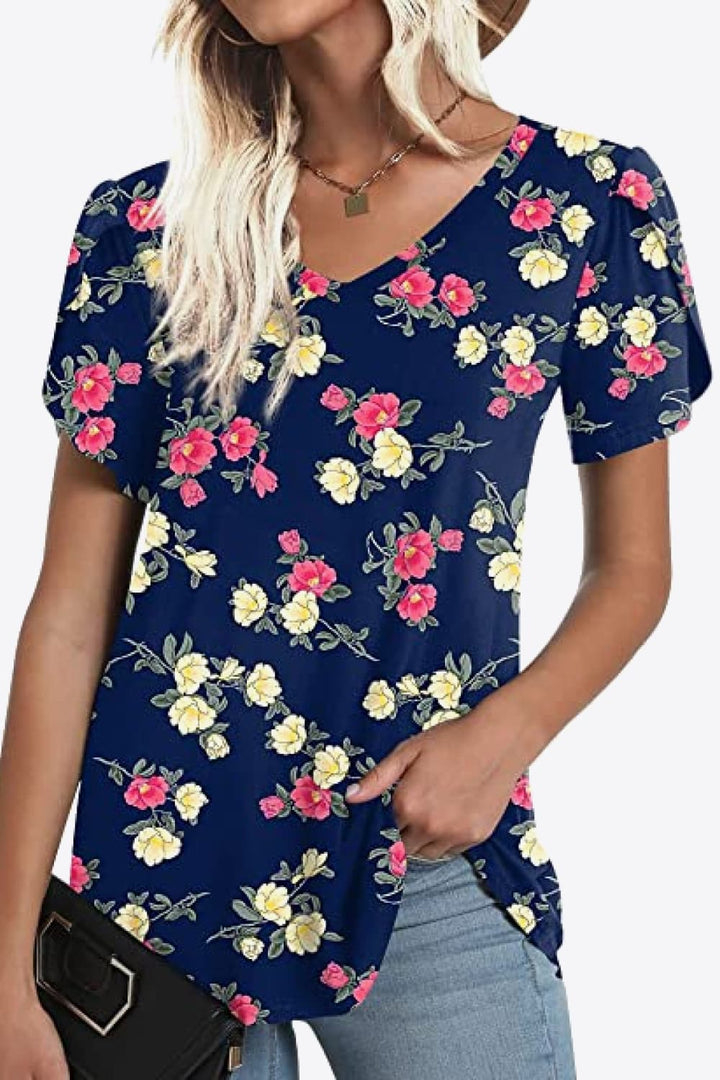 Printed Petal Sleeve V-Neck Blouse | Trendsi