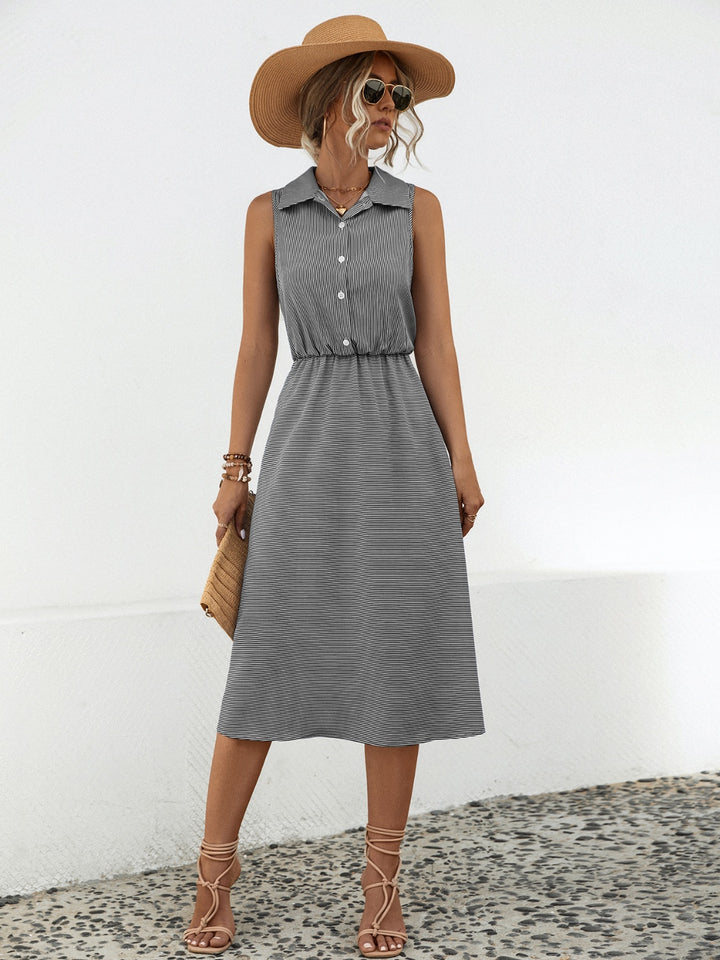 Striped Collared Neck Sleeveless Midi Dress | Trendsi