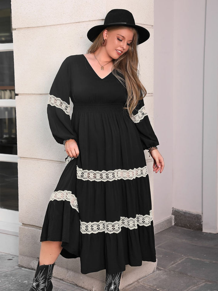 Plus Size Lace Detail V-Neck Long Sleeve Midi Dress | Trendsi