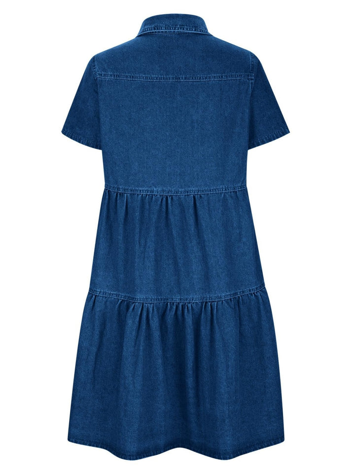 Pocketed Button Up Collared Neck Short Sleeve Denim Dress | Trendsi