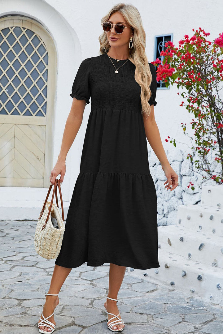 Smocked Round Neck Flounce Sleeve Midi Dress | Trendsi