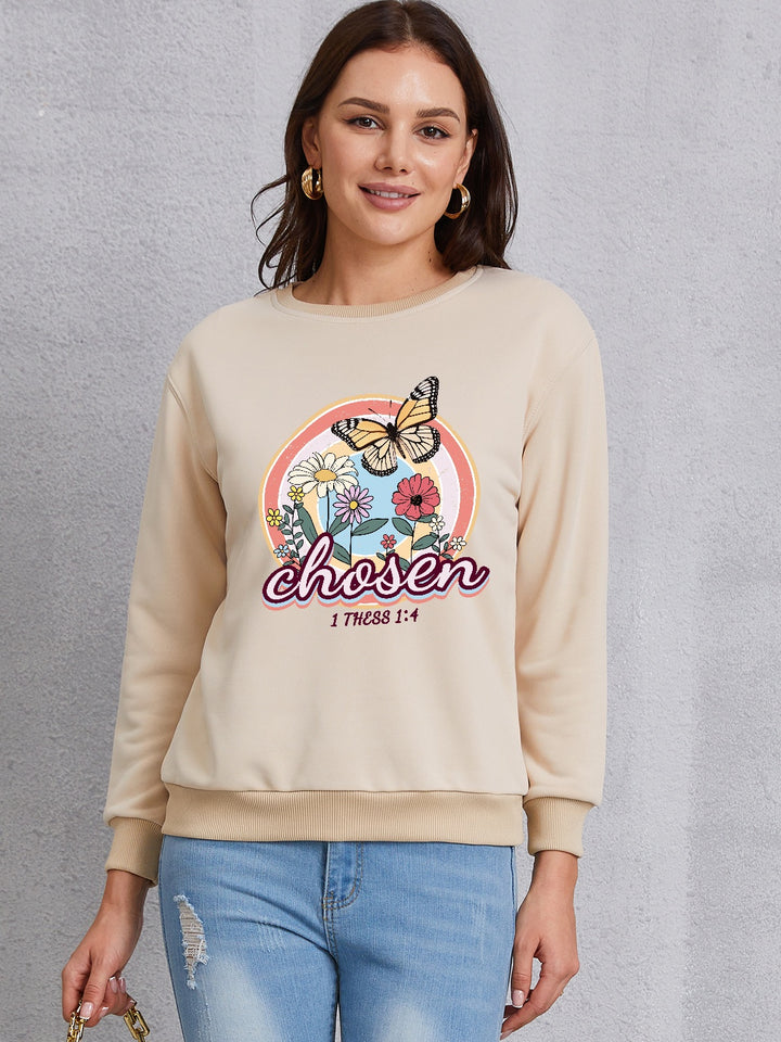 Butterfly Round Neck Dropped Shoulder Sweatshirt | Trendsi