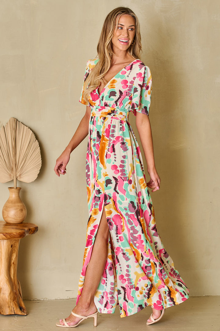 Slit Printed Surplice Short Sleeve Maxi Dress | Trendsi