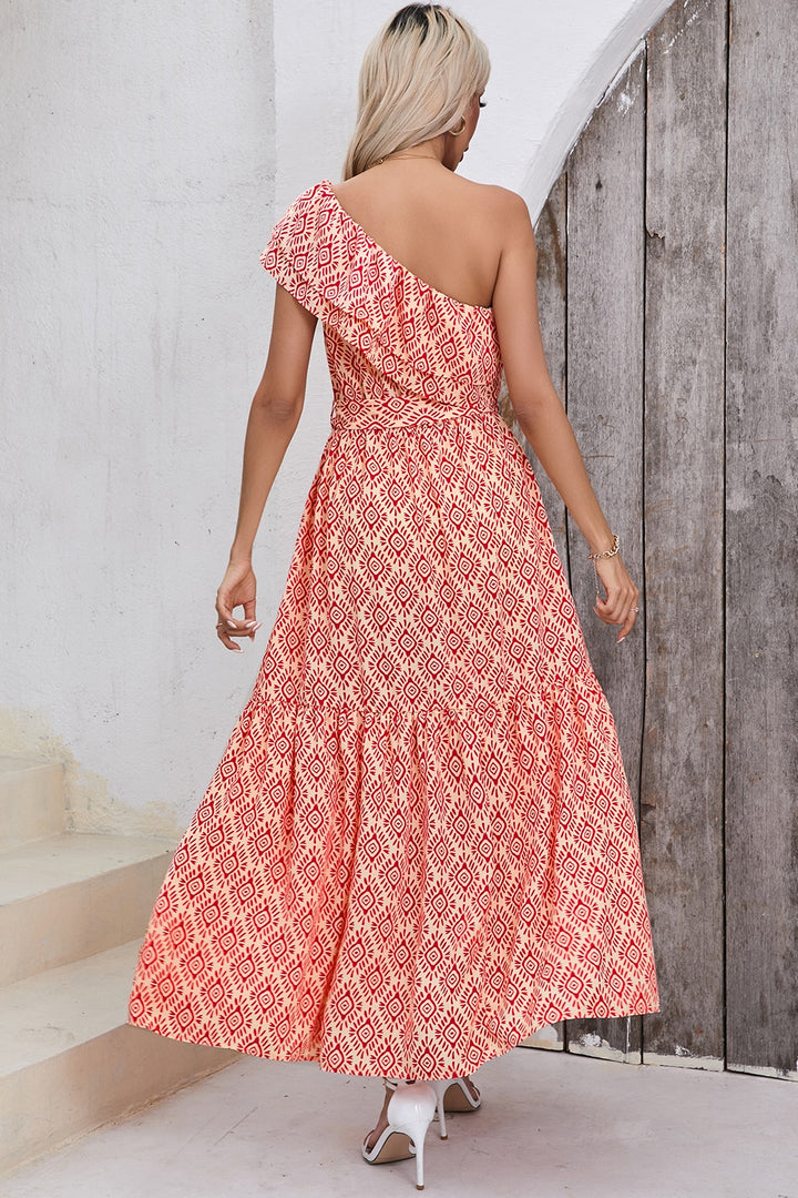 Slit Printed Single Shoulder Tie Waist Dress | Trendsi