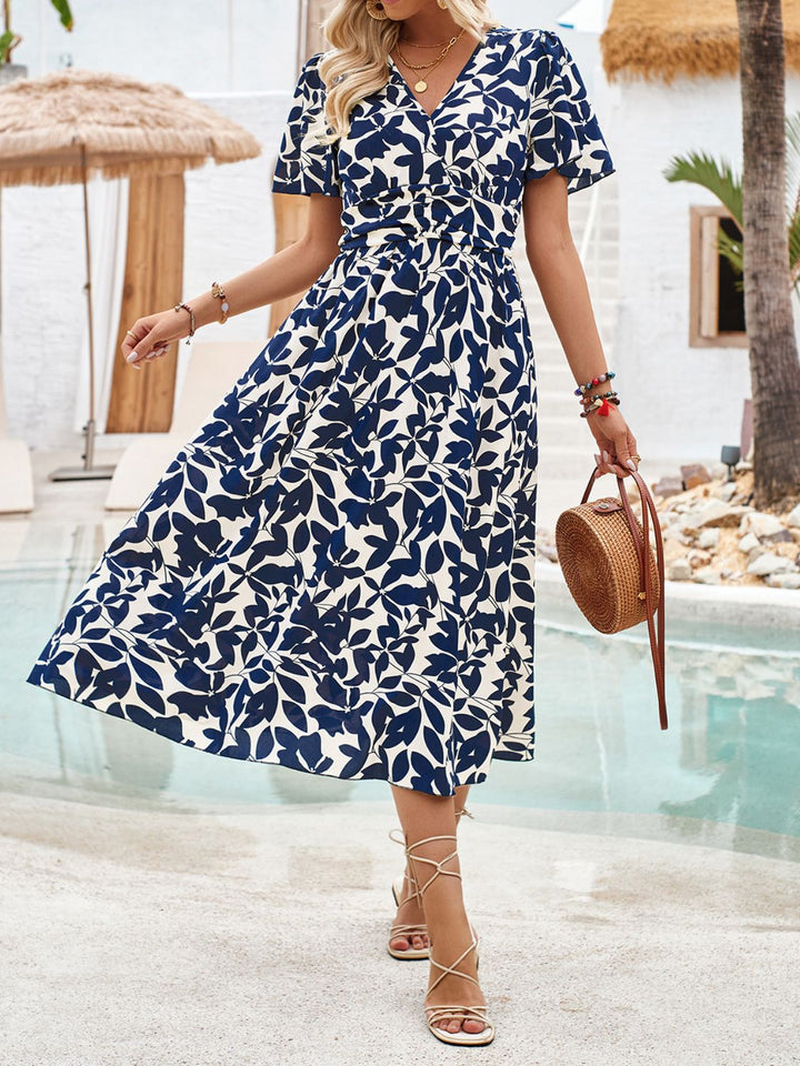 Printed Surplice Short Sleeve Midi Dress | Trendsi