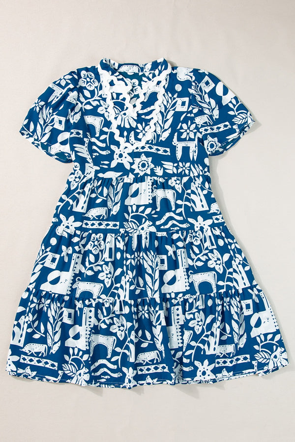 Printed Notched Short Sleeve Mini Dress | Trendsi