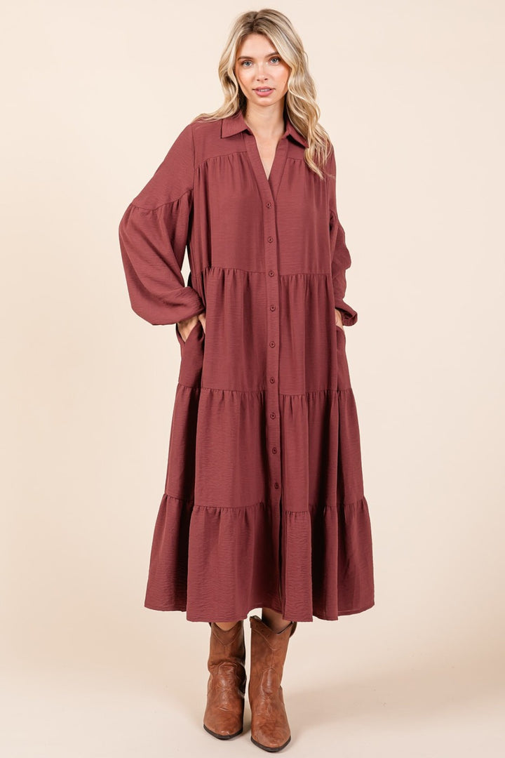 Mittoshop Tiered Button Down Long Sleeve Midi Dress | Trendsi