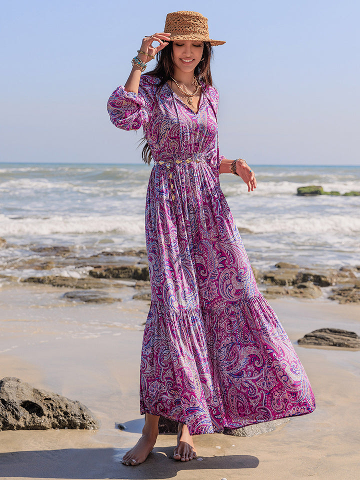 Printed Tie Neck Balloon Sleeve Maxi Dress | Trendsi