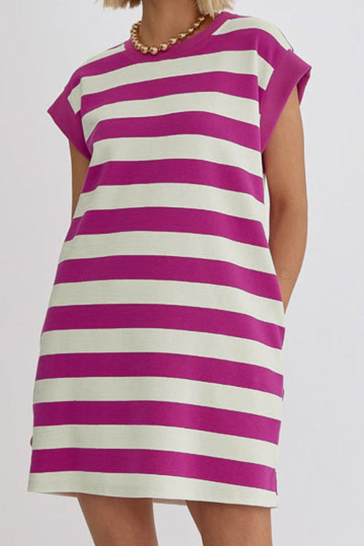 Striped Round Neck Cap Sleeve Dress | Trendsi