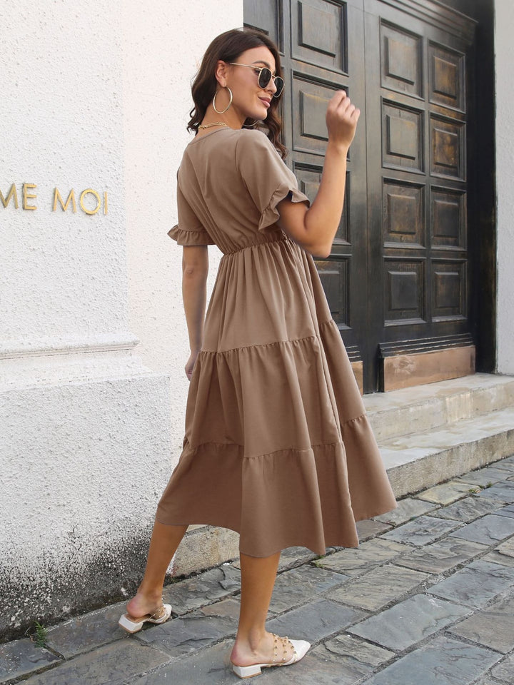 V-Neck Short Sleeve Midi Dress | Trendsi
