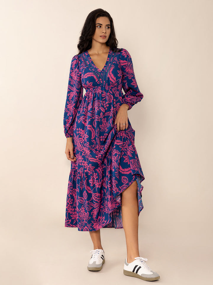 Printed V-Neck Long Sleeve Midi Dress | Trendsi