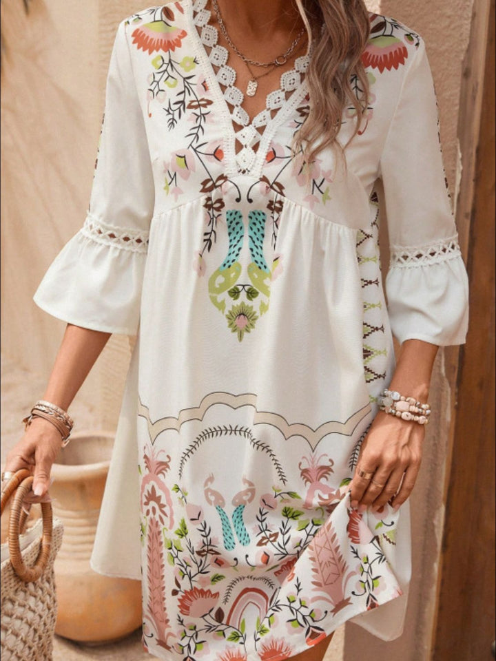 Lace Detail Printed Three-Quarter Sleeve Dress | Trendsi