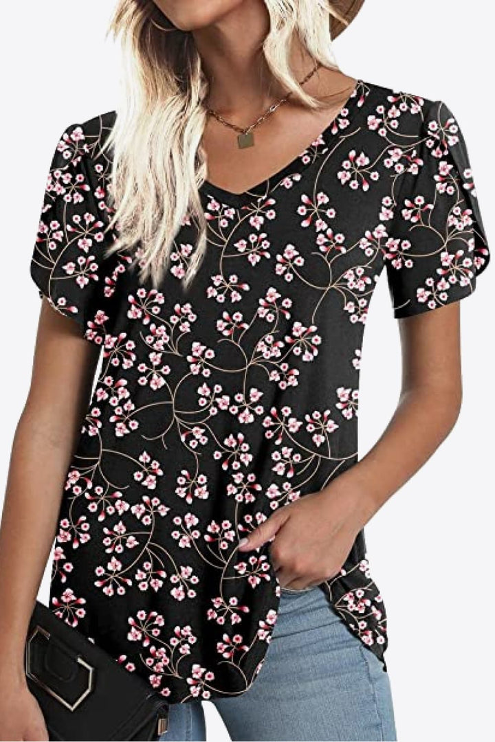 Printed Petal Sleeve V-Neck Blouse | Trendsi